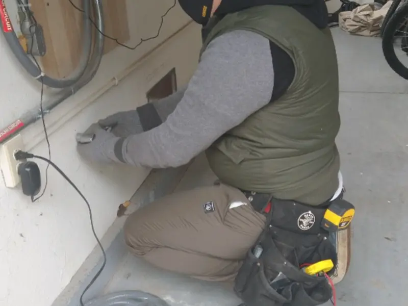 Electrician performing outlet wiring in a San Bernardino garage